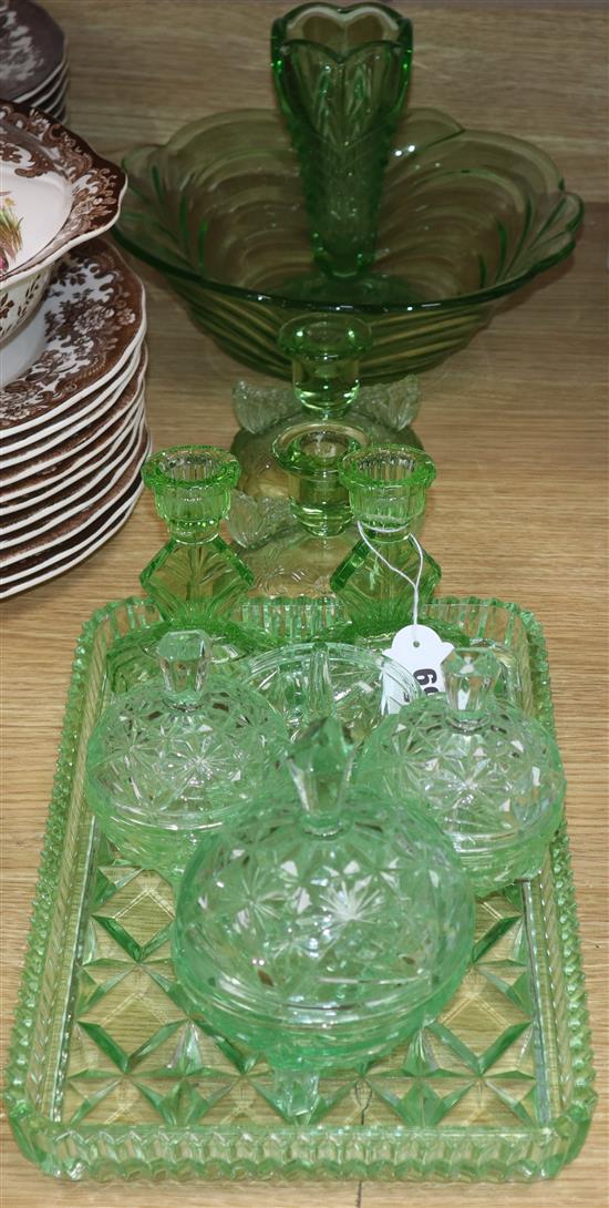 Ten pieces of lime green glassware